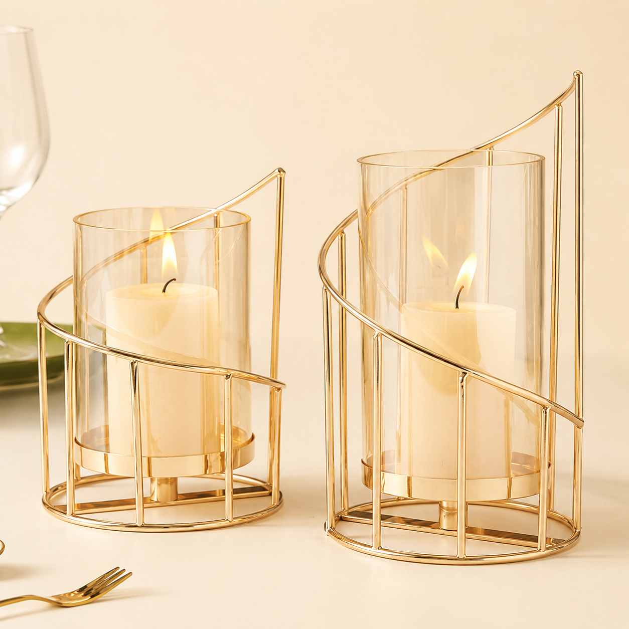 Modern Gold Metal & Glass Candle Holder