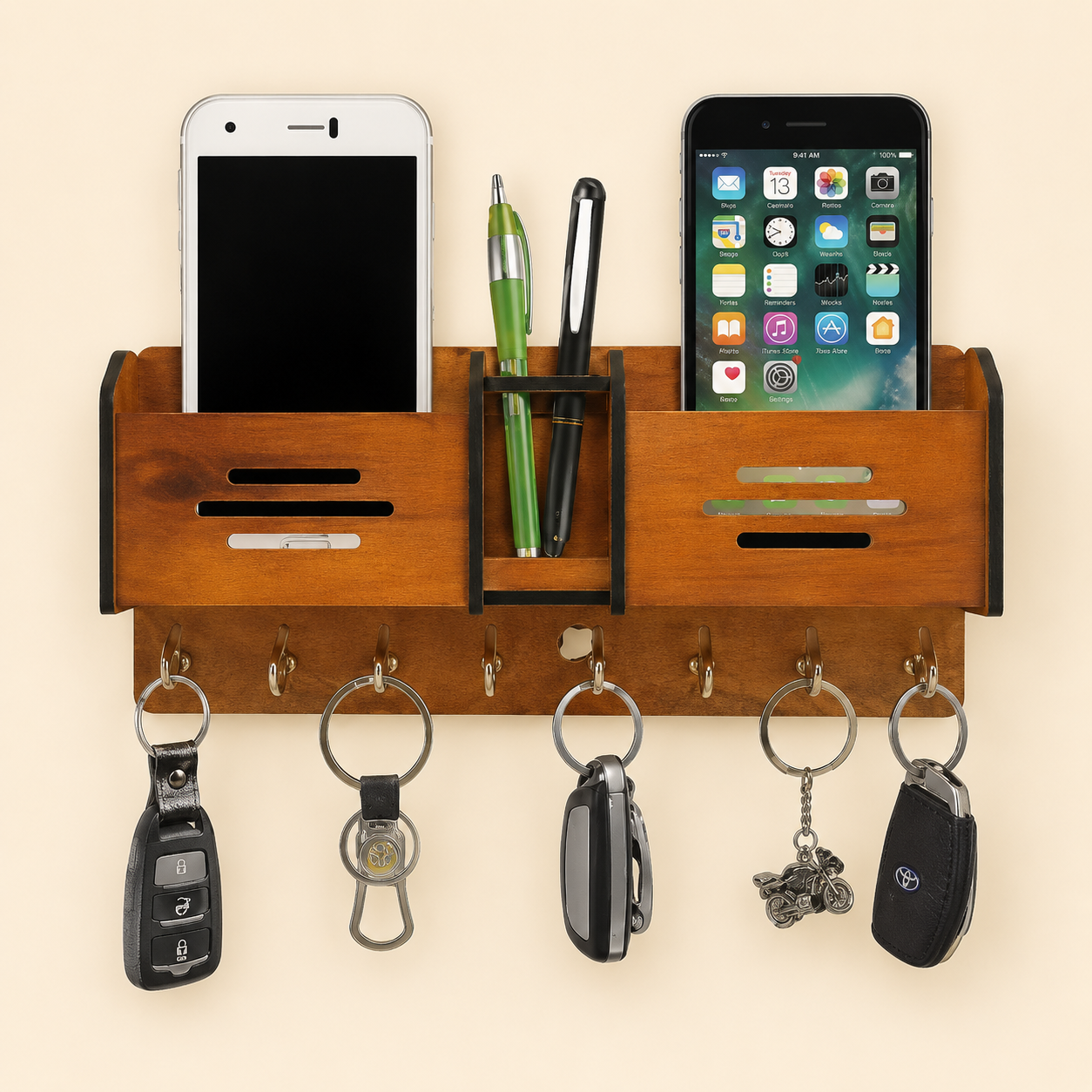 Wooden Wall Mounted Key Holder with Phone & Mail Organizer